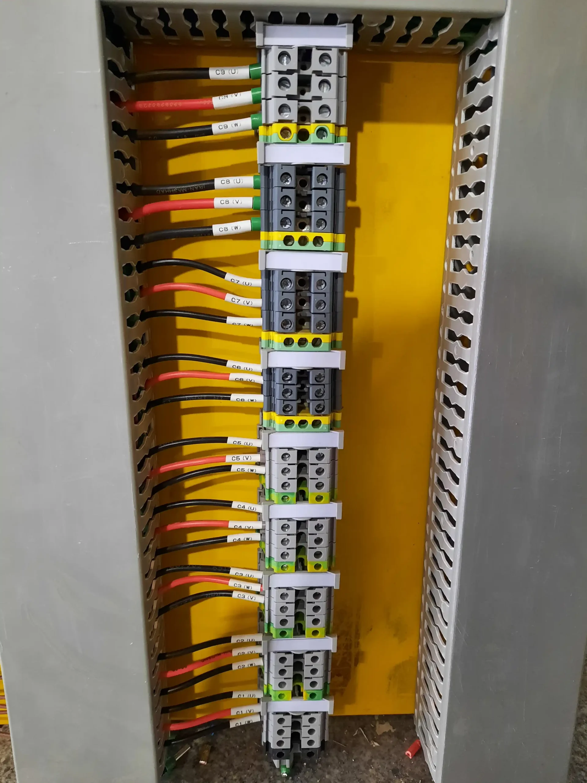ردیف ترمینال های کابل کشی سنسورها و مدارات فیلد در تابلو برق سرچین عالیس